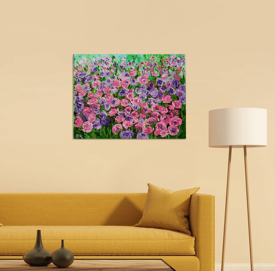 FIELD OF Happyness PURPLE PINK WHITE  ROSES  palette knife modern decor MEADOW OF FlOWERS, LANDSCAPE,  office home decor gift