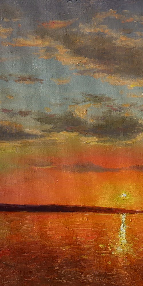 Sunset Over The Lake - original sunny landscape, painting by Nikolay Dmitriev