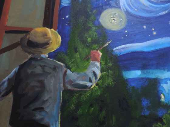 "Van Gogh & the Starry Night" oil on canvas painting