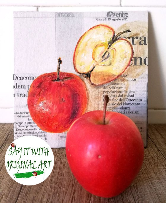 "Apple on Newspaper" Original Oil on Canvas Board Painting 6 by 6 inches (15x15 cm)