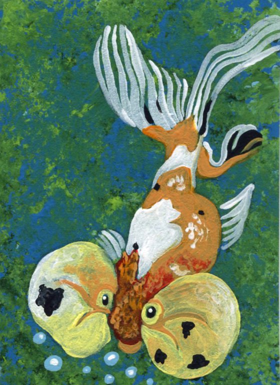 ACEO ATC Original Miniature Painting Bubble Eye Goldfish Pet Art-Carla Smale