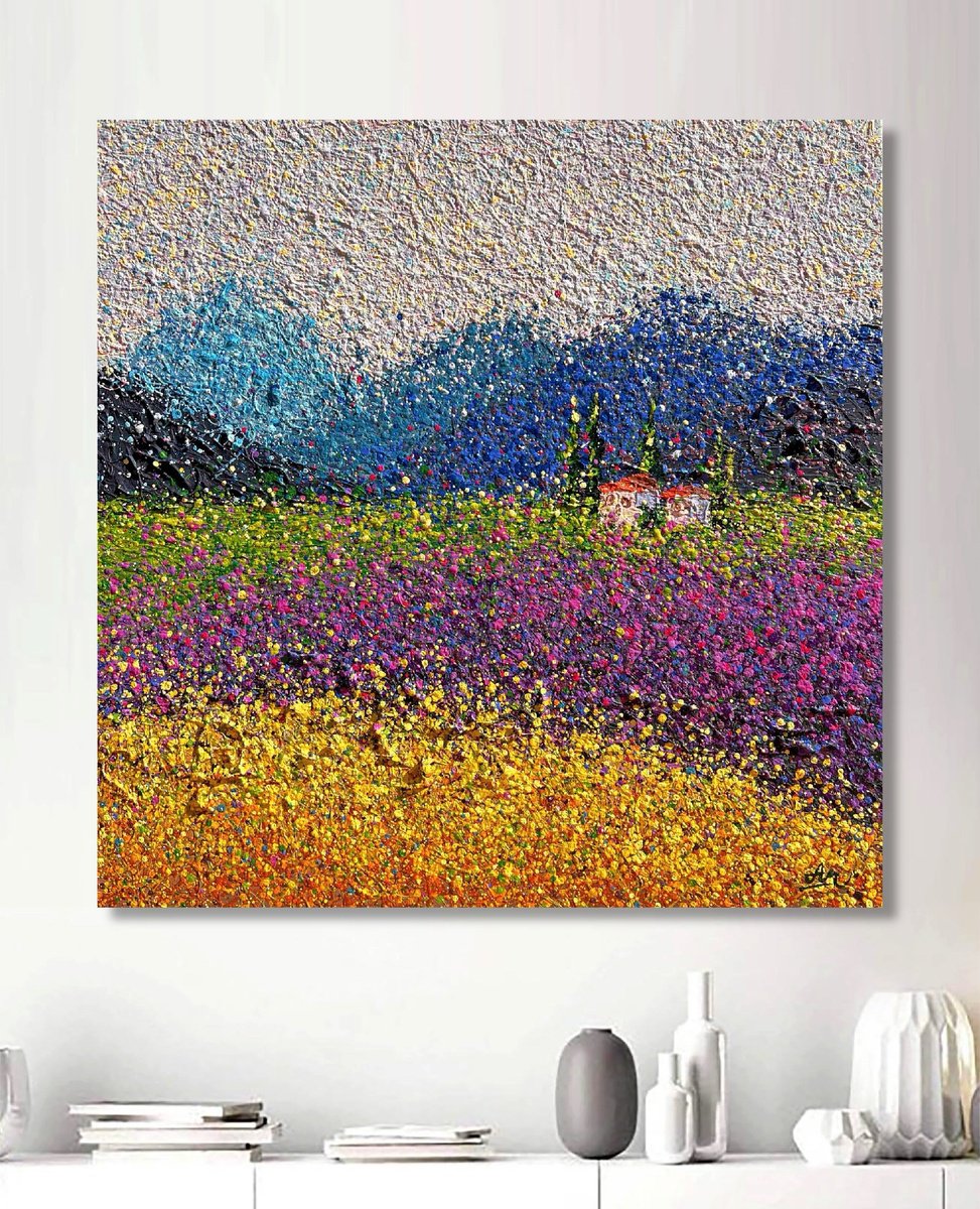 Impressionistic Landscape Acrylic Painting By Nadiia Antoniuk, 31 X 31", Lavender Dreams, Original Artwork