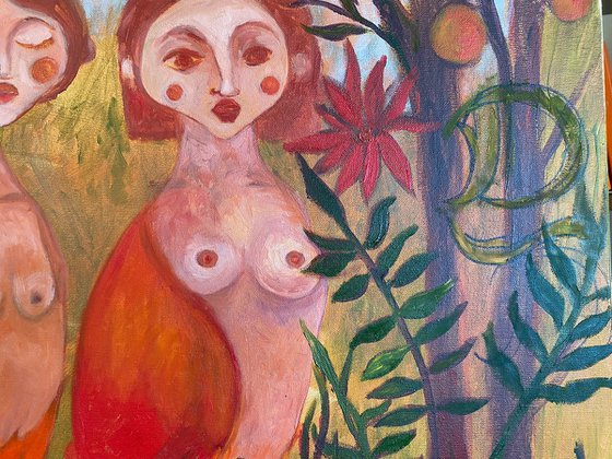 Sirens Art Modern Woman Nude, Bird Woman, canvas, oil - Garden guards 90x75 cm