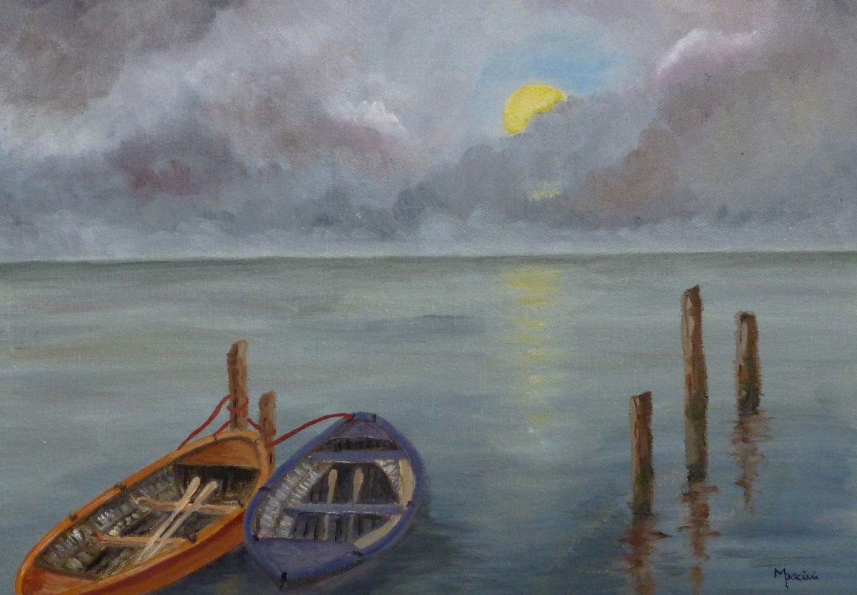 Impressionistic Landscape Oil Painting By Maddalena Pacini, 17 X 13", Rowing Boats On Lago Di Orta, Original Artwork