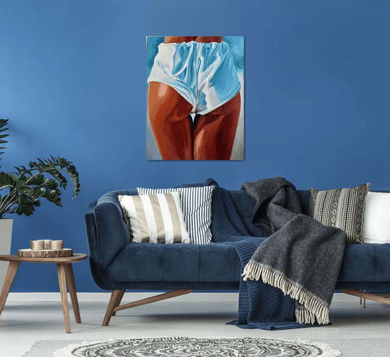 FRESH AND CLEAN - original painting sea swimming erotic art white blue shorts legs erotic art nude sexy pop art office interior home decore