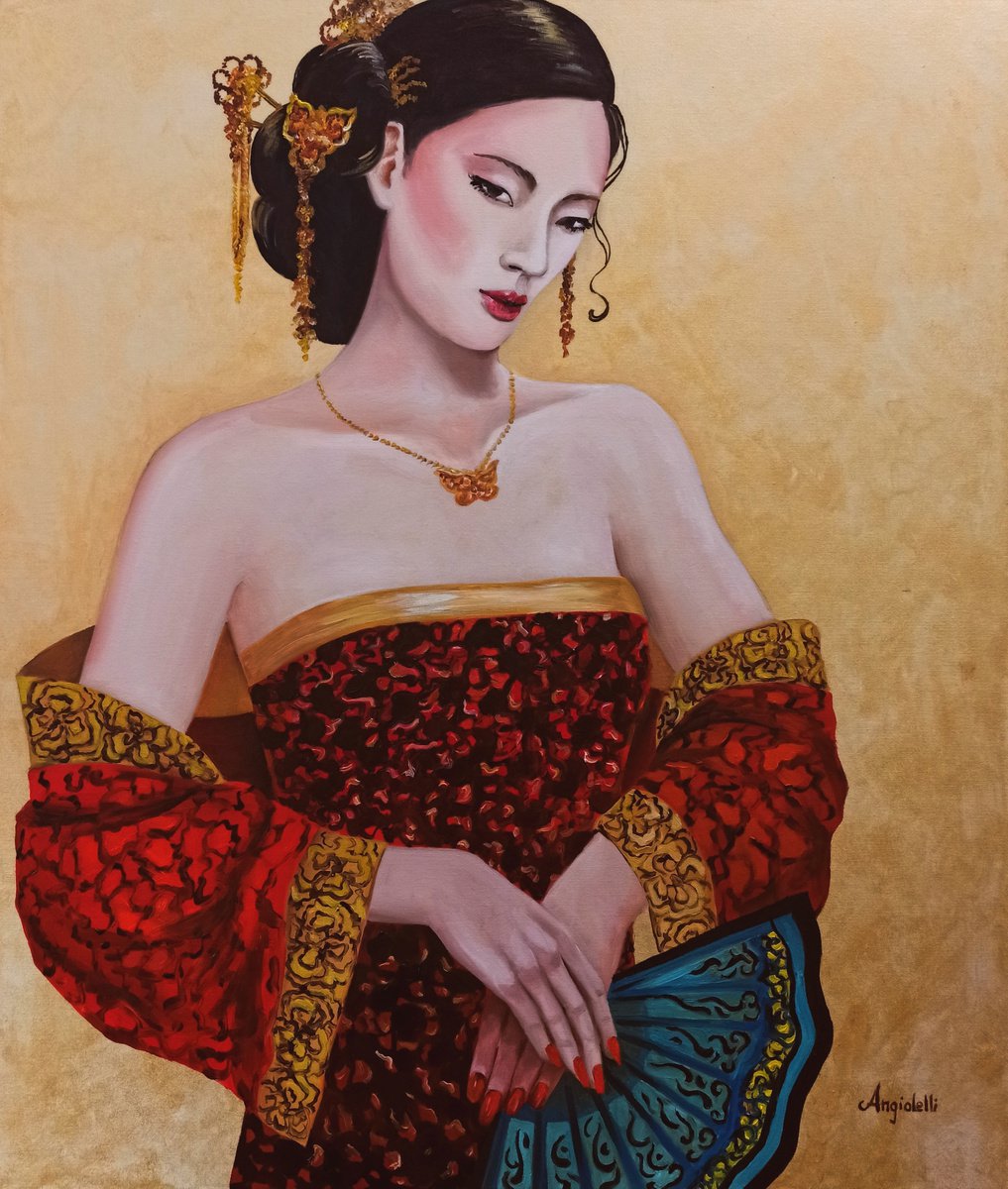 Photorealistic Portrait Painting By Anna Rita Angiolelli, 24 X 28, Oriental Portrait, Original Artwork