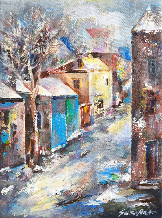 Snow-Dusted Village Street