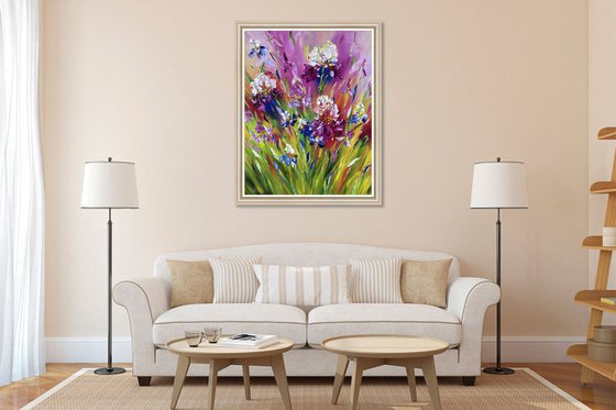 FIELDS OF BRIGHTNESS - Irises. Bright landscape. Rainbow flower. Juicy colors. Flower meadow. Summer warmth. Good mood. 3d.