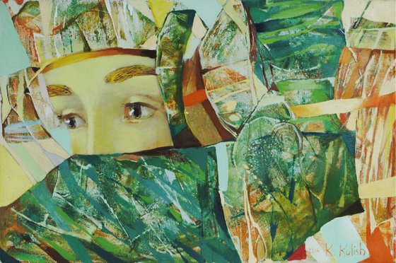 Original oil painting on canvas  "Stop a moment, you're beautiful" by artist КАte К.ulish green woman girl stretched