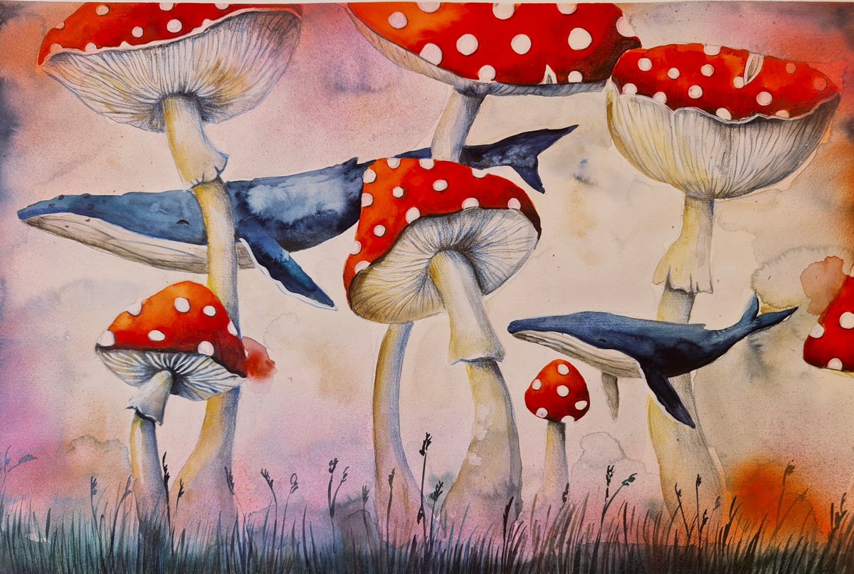 Surrealistic Animal Painting By Evgenia Smirnova, 22 X 15, The Whale Garden, Original Artwork