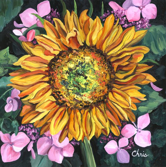 Sunflower with Pink Hydrangeas