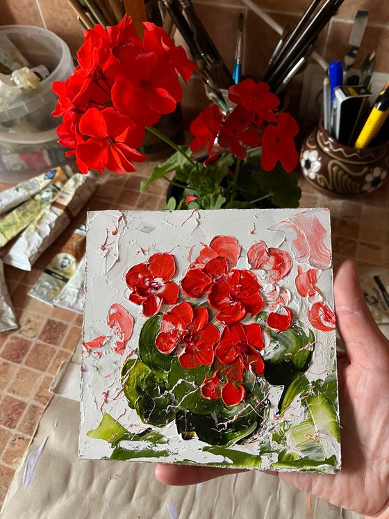 Geranium Painting Floral Original Art Flowers Oil Impasto Artwork Small Wall Art 6 by 6" by Halyna Kirichenko