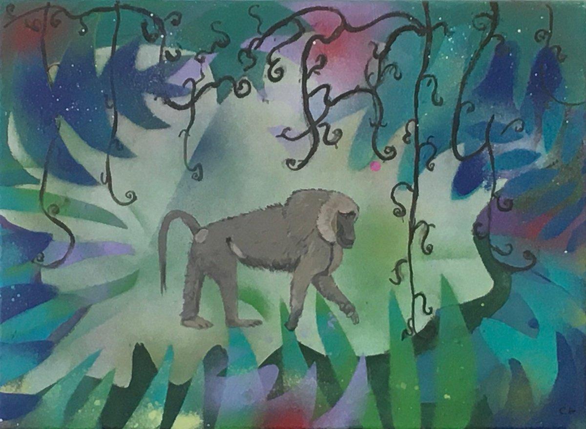 Illustrative Animal Painting By Chihiro Kinjo, 22 X 16, Baboon In Jungle, Original Artwork