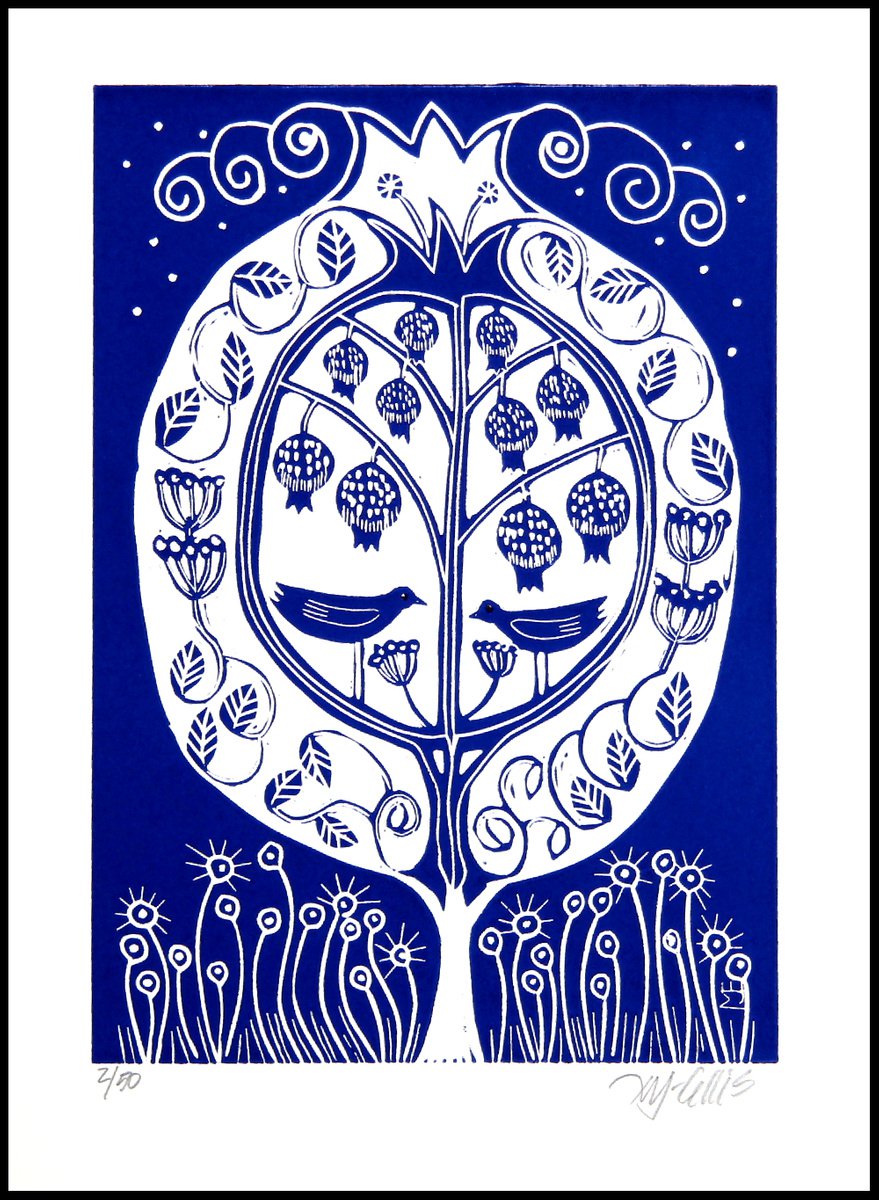 Illustrative Botanical Linocut By Mariann Johansen-Ellis, 10 X 15", Pomegranate, Original Artwork