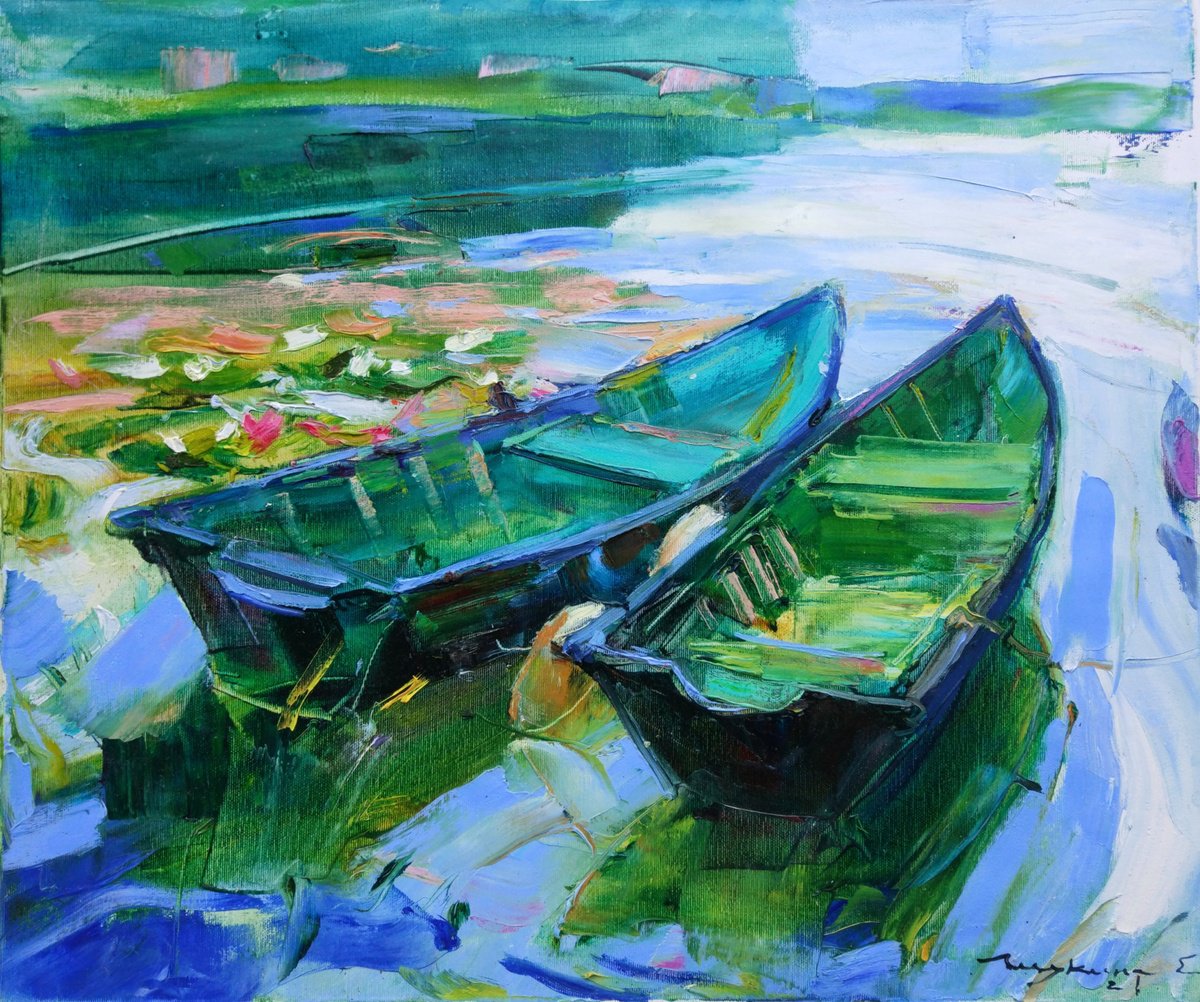 Boats among water lilies | Emerald green | Ukrainian landscape | Original oil painting by Helen Shukina
