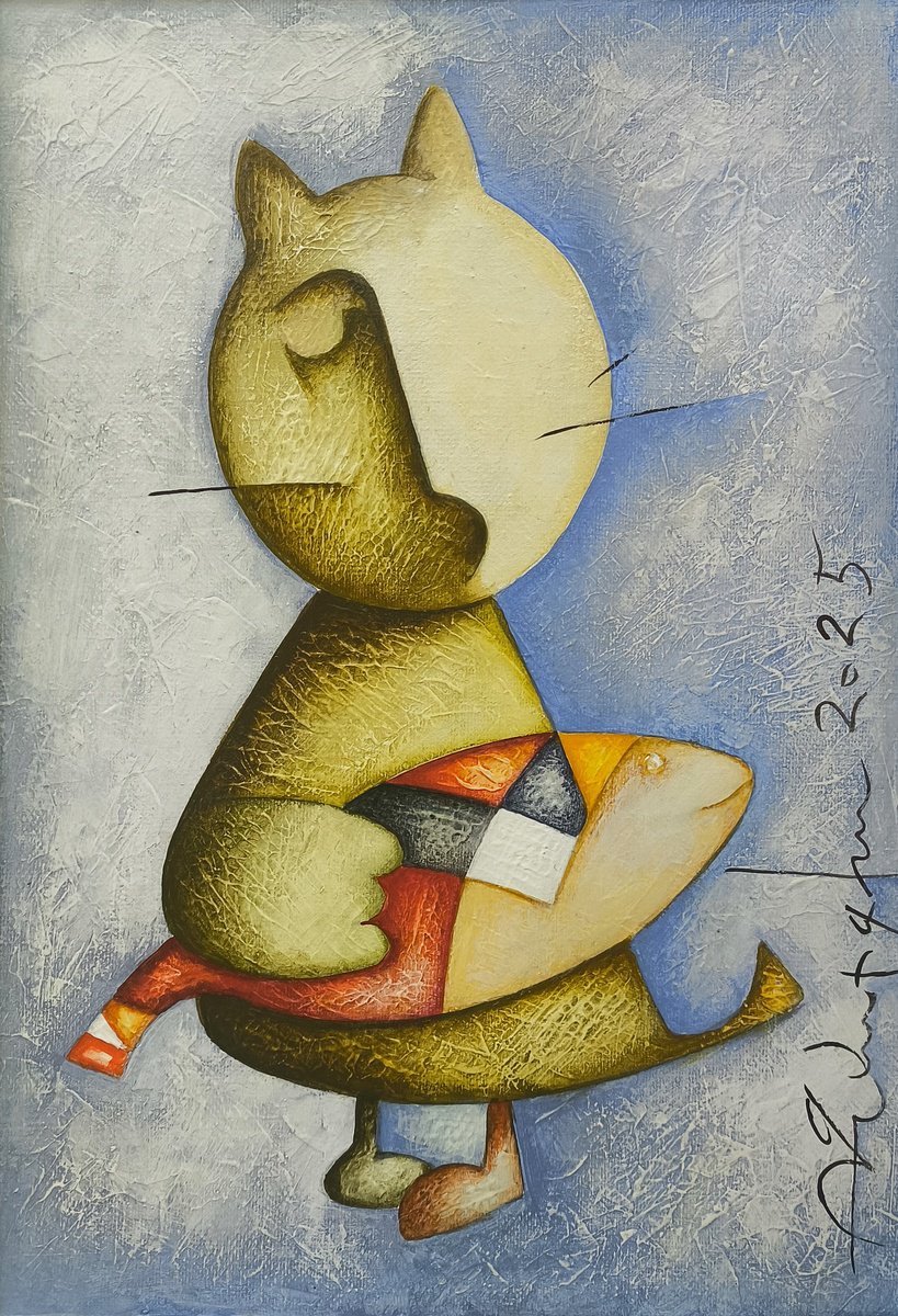 Naive Animal Acrylic Painting By Sargis Zakarian, 9 X 13", My Favorite Friend, Original Artwork