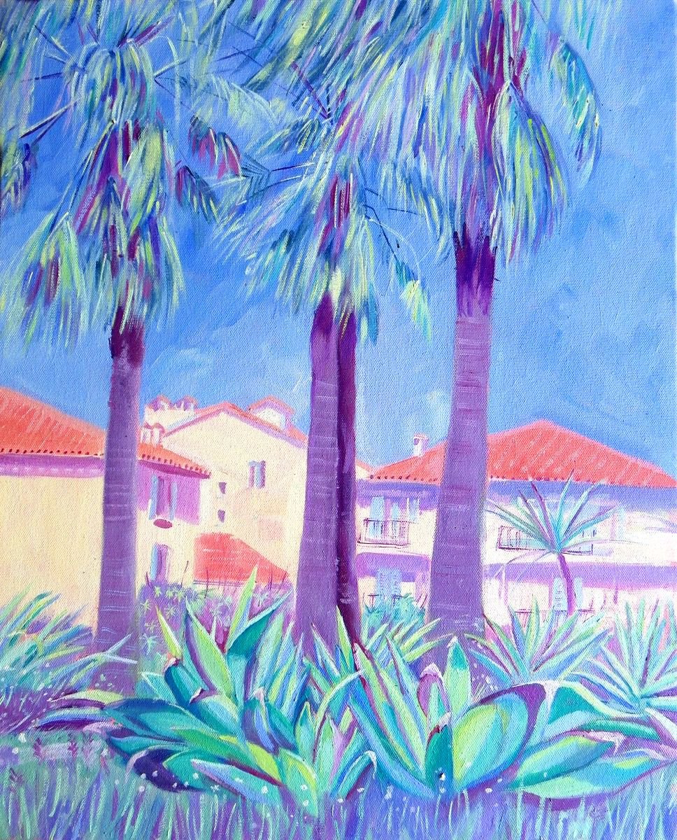Impressionistic Botanical Oil Painting By Mary Stubberfield, 16 X 20", Succulents And Palms, Antibes, Original Artwork