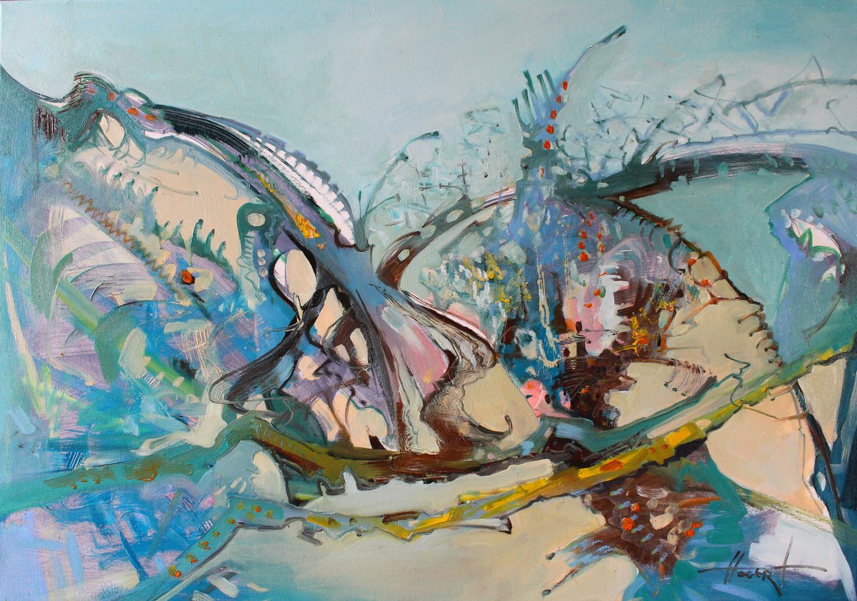 Expressive Abstract Oil Painting By Henadzy Havartsou, 39 X 28, Battle Of The Elements, Original Artwork