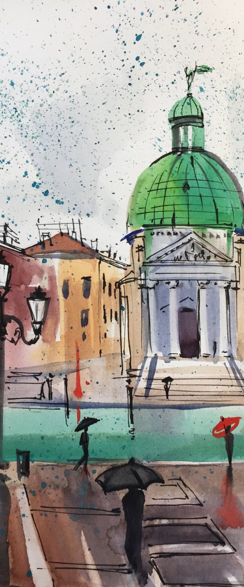 Rainy Venice. Sketch of Venice. Church of San Simeon Piccolo. by Natalia Veyner