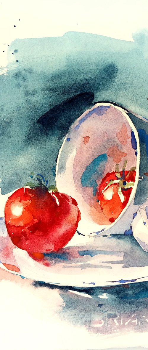 "Still life with a cup and tomatoes" watercolor food illustration by Ksenia Selianko