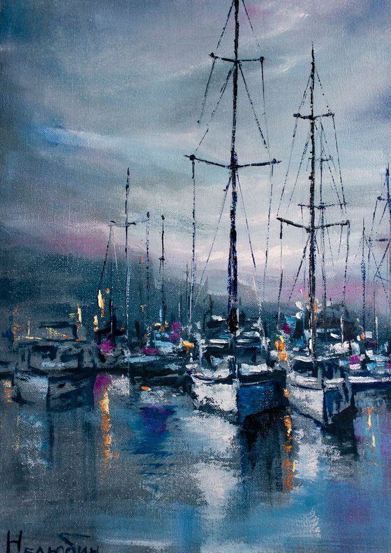 "Quiet harbor " yachts at sea, landscape