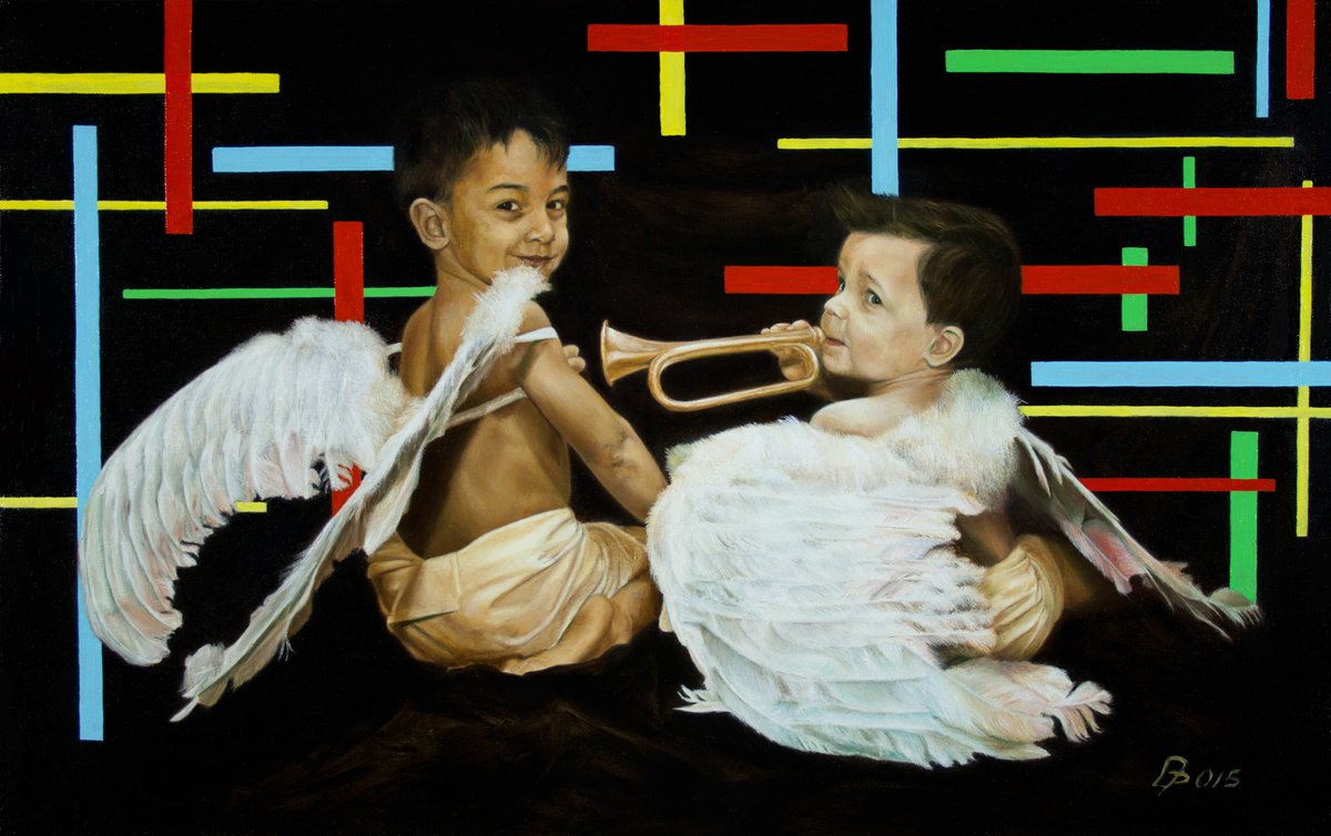 Photorealistic Portrait Oil Painting By Paolo Borile, 31 X 20", Andrea And Matteo Angels, Original Artwork