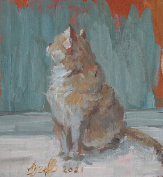 CHARLIE – original painting cat cold palette impressionistic style by Natalia Gorn