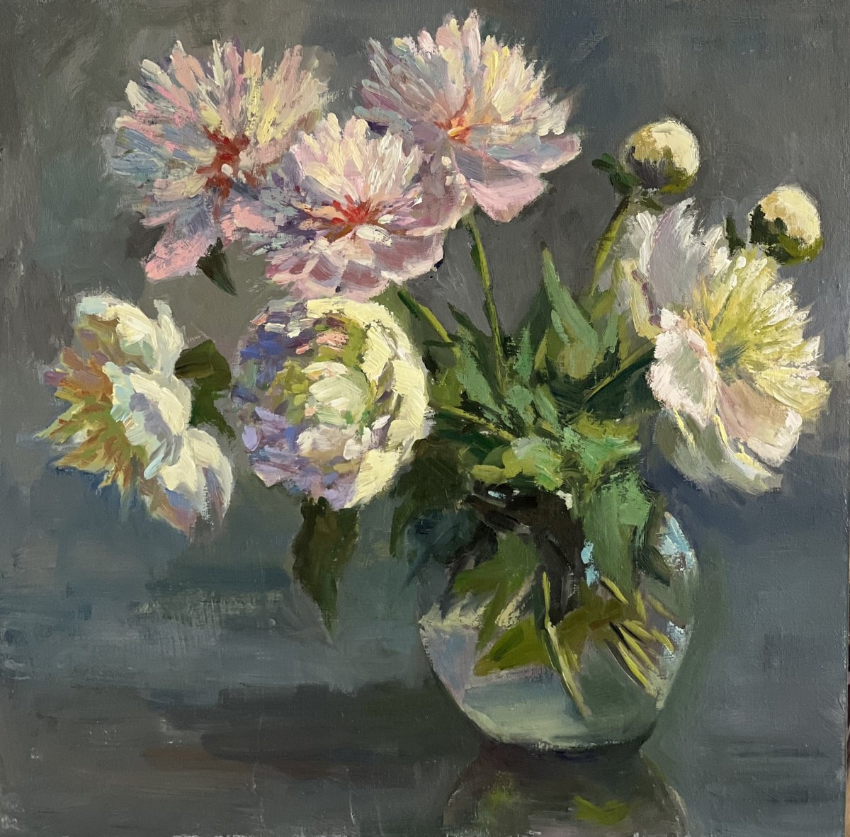 Expressive Botanical Oil Painting By Nithya Swaminathan, 17 X 17", Peonies On A Summer Evening, Original Artwork