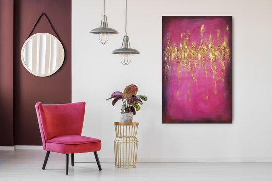 "A certain romance" Large Mixed Media Painting Contemporary Wall Art Pink and Gold Art Textured Abstract Painting Modern Decor