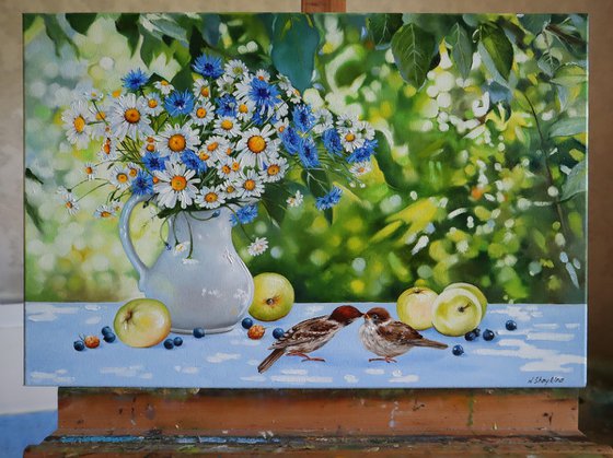 Daisies and Cornflowers with Sparrows