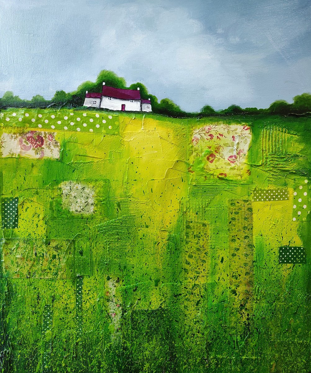 Green patchwork Field Textured Landscape by Jane Palmer Art