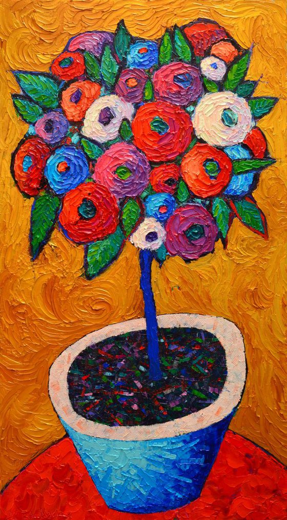 WILD ROSES TREE ON GOLD - abstract flowers modern impressionist contemporary floral art original palette knife oil painting