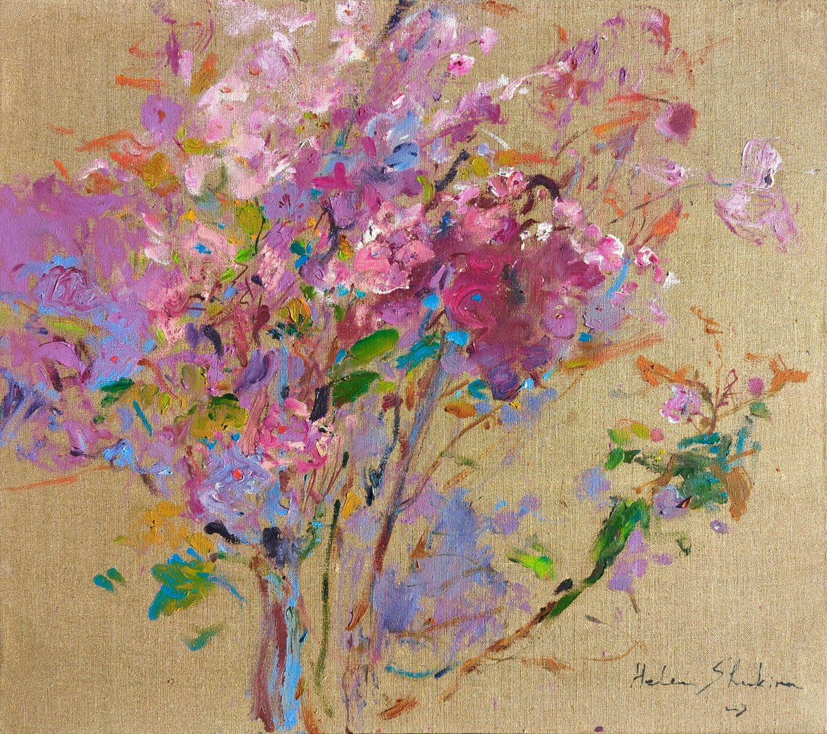 Expressive Botanical Oil Painting By Helen Shukina, 31 X 28, Sakura, Moment Of Eternity, Original Artwork