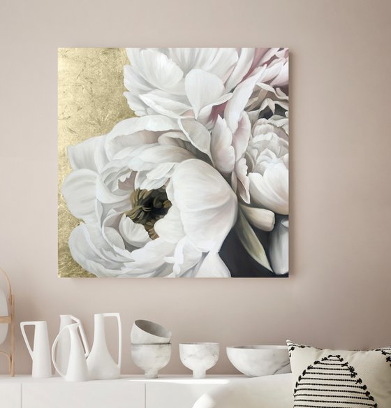 "Golden Silk Peonies" White gold peonies art