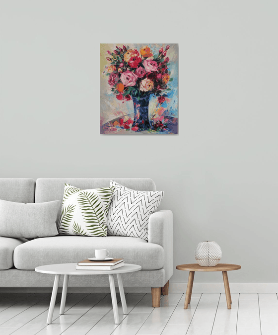 Colorful roses (60x70cm, oil painting, ready to hang)