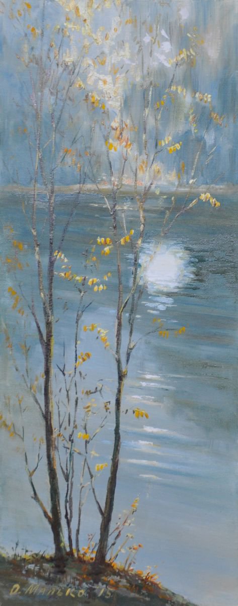 Inner peace / Blue green painting Fall landscape Light reflections on water Autumn by Olha Malko