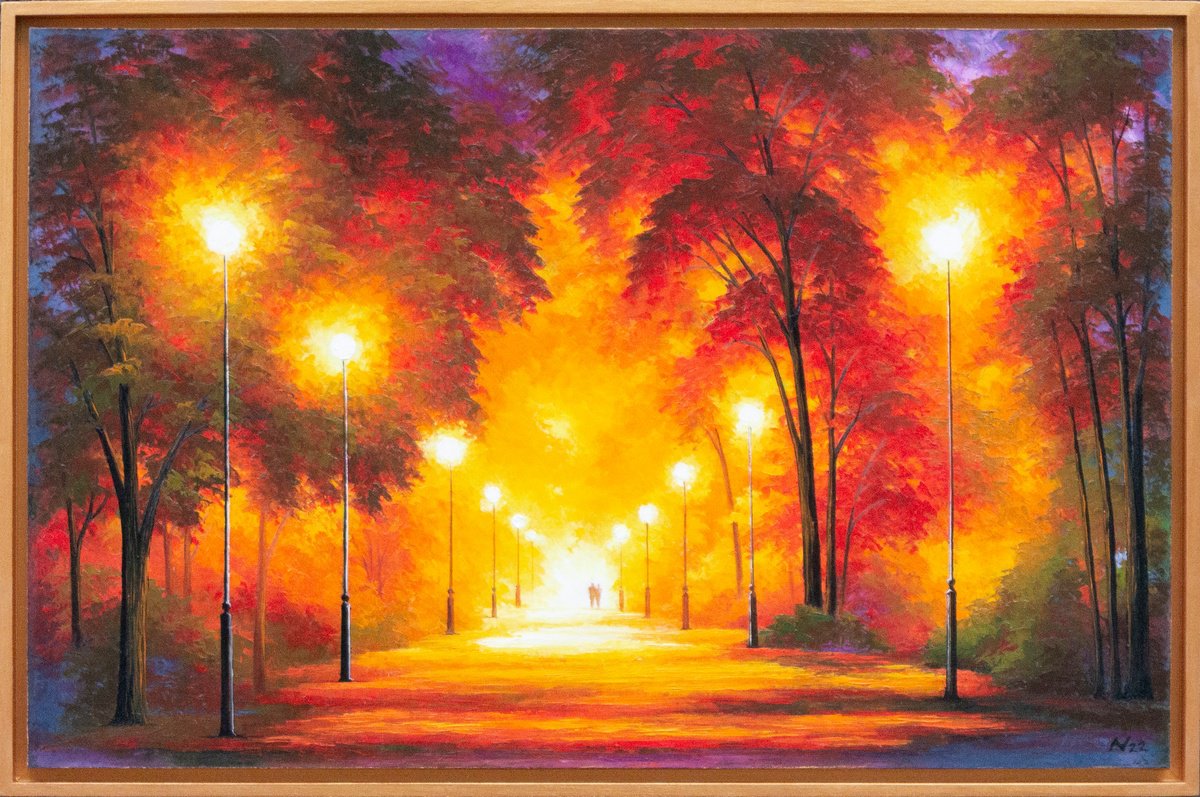 Impressionistic Cityscapes Oil Painting By Oleksii Vylusk, 35 X 23", In The Park 3, Original Artwork