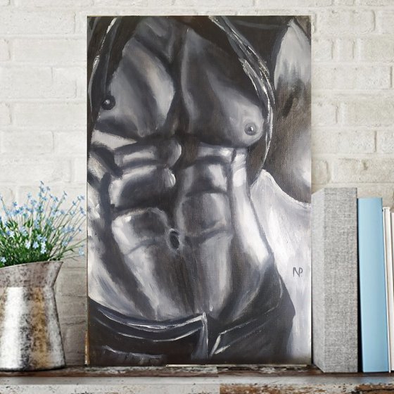 Biker, original nude erotic man body, gift, oil painting, art for home