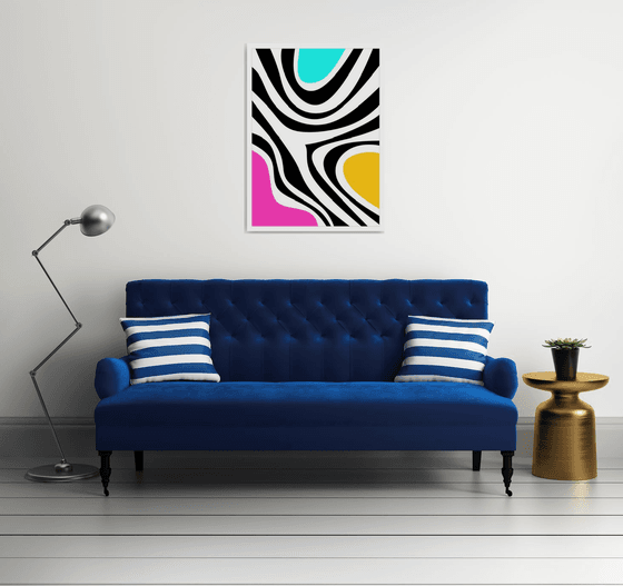 Abstraction artwork zebra multi-colored yellow pink black blue stripes