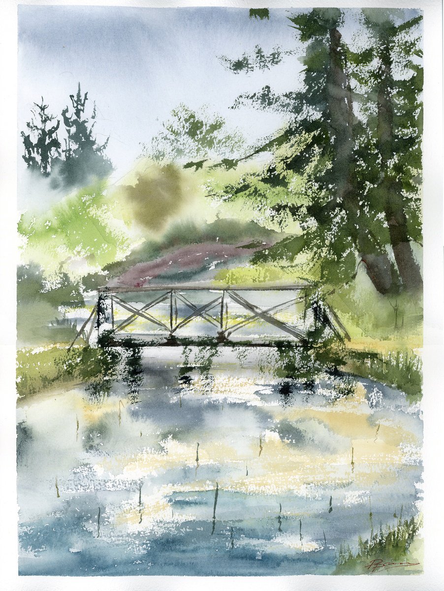 Impressionistic Watercolour , Woodland Bridge By Olga Tchefranov (Shefranov), 11 X 15, Artwork For Sale On Artfinder