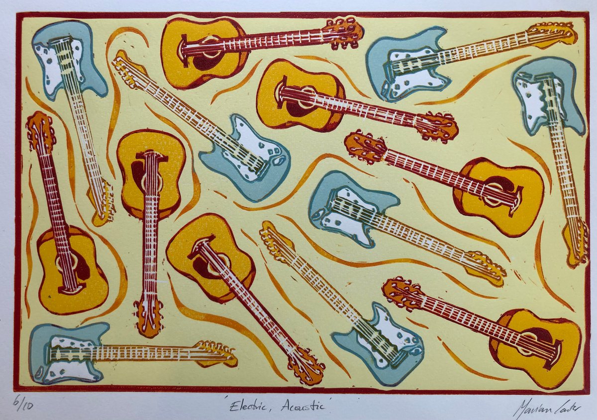 Illustrative Still Life Linocut By Marian Carter, 15 X 11", Electric, Acoustic, Original Artwork