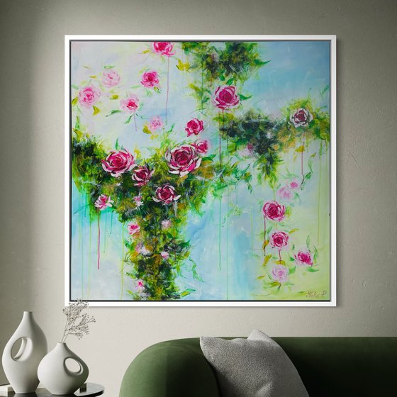 “Trailing roses” 100x100cm large acrylic