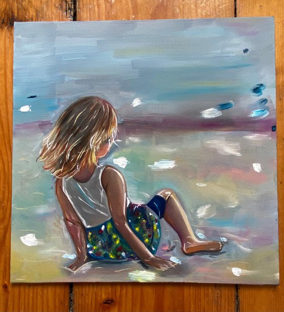 Girl on beach oil painting