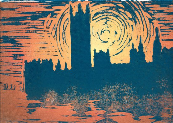 Houses of Parliament in sundown - Linoprint inspired by Claude Monet