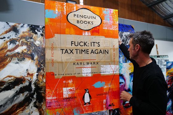 Tax Time Tango 140cm x 100cm Fuck It's Tax Time Book Page Urban Pop Art