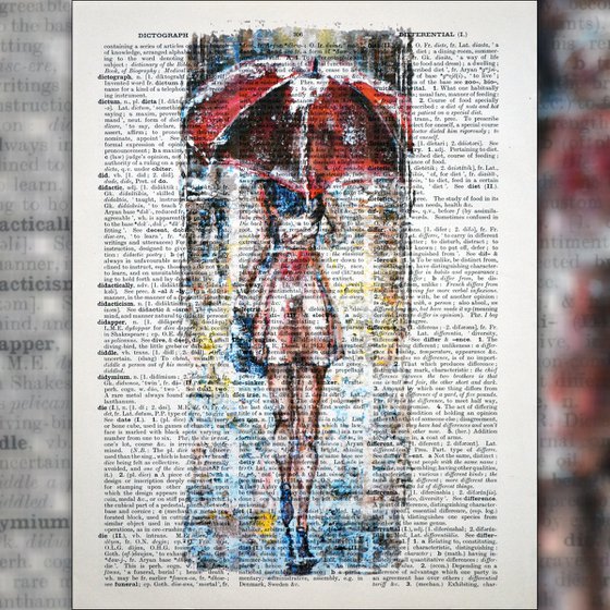 Red Umbrella - Collage Art on Large Real English Dictionary Vintage Book Page