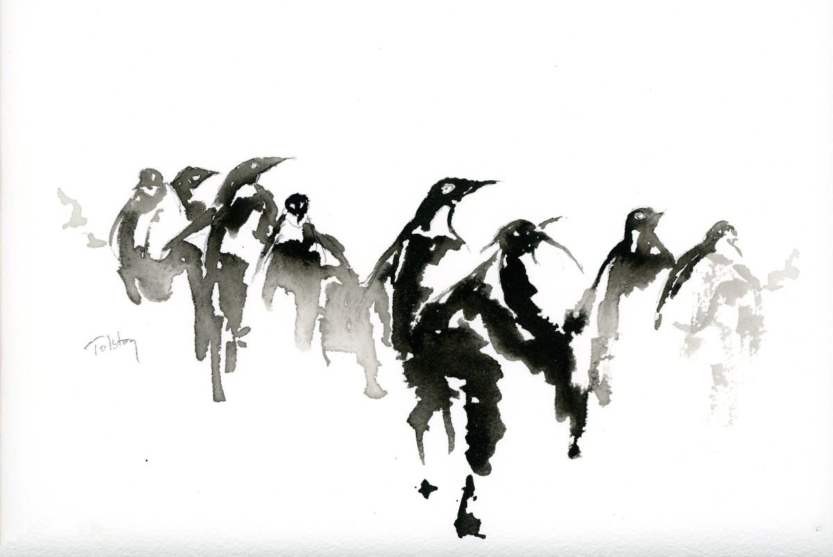 Impressionistic Animal Painting By Alex Tolstoy, 12 X 8, Penguins Galore, Original Artwork