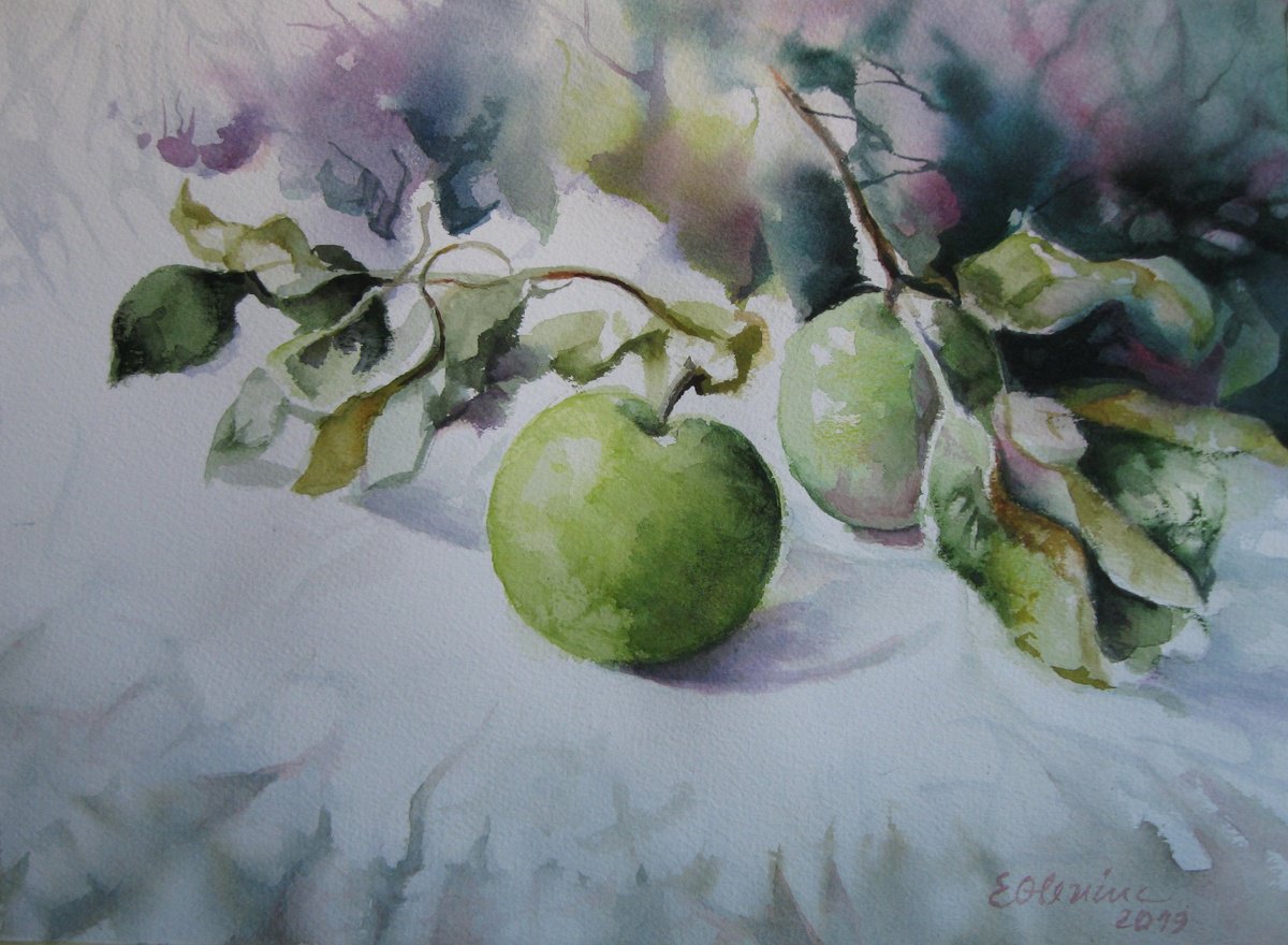 Impressionistic Still Life Watercolour By Elena Oleniuc, 15 X 11, Green Apples, Original Artwork