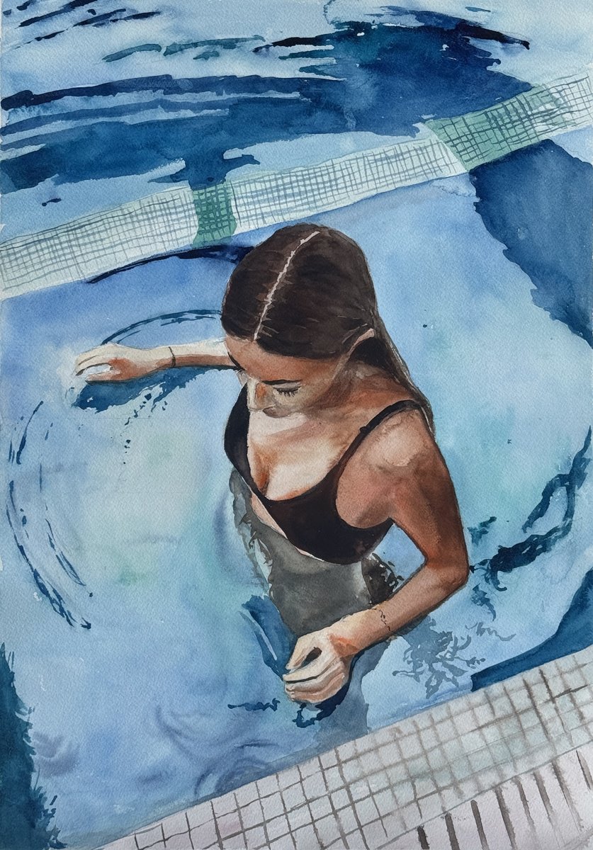 Impressionistic Watercolour , A Girl In Swimming Pool By Irina Ponna, 15 X 21, Artwork For Sale On Artfinder