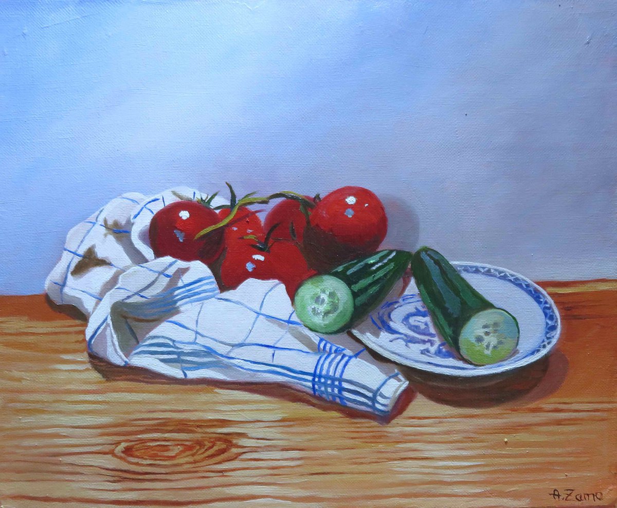 Cucumber, Tomatoes and Tea Towel, Original Oil Painting by Anne Zamo by Anne Zamo